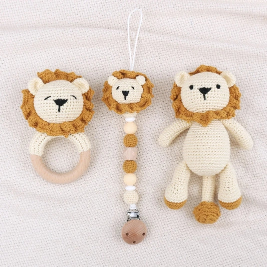 Woolen Yarn Baby Pacifier Chain Crochet-Lion Animal Teething Rings for Newborn G99C