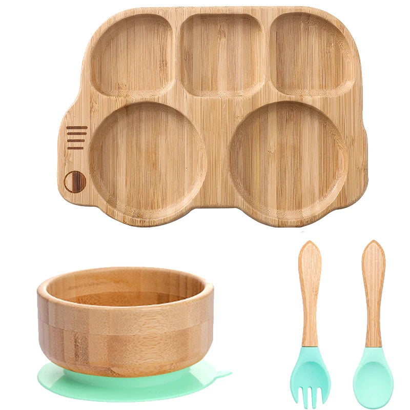 4pcs Bamboo Plate Sets Customized Baby Feeding Bowl Car Cloud Shaped Plate Spoon Fork Tableware Suction Plate Bowl Feeding Set