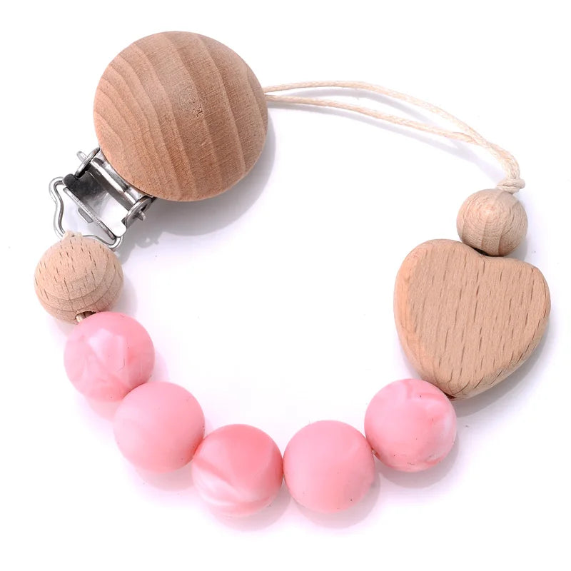 Baby Beech Pacifier Clips Heart Wood Silicone Pacifier Chain Baby Pacifier Clip Pendant Dummy Nipple Holder Anti-drop Accessory