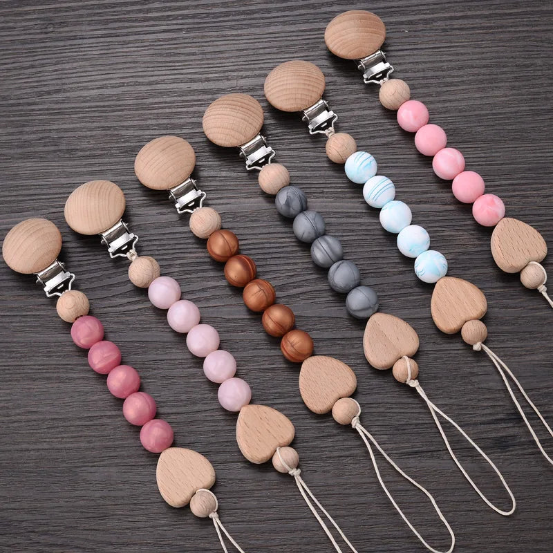 Baby Beech Pacifier Clips Heart Wood Silicone Pacifier Chain Baby Pacifier Clip Pendant Dummy Nipple Holder Anti-drop Accessory