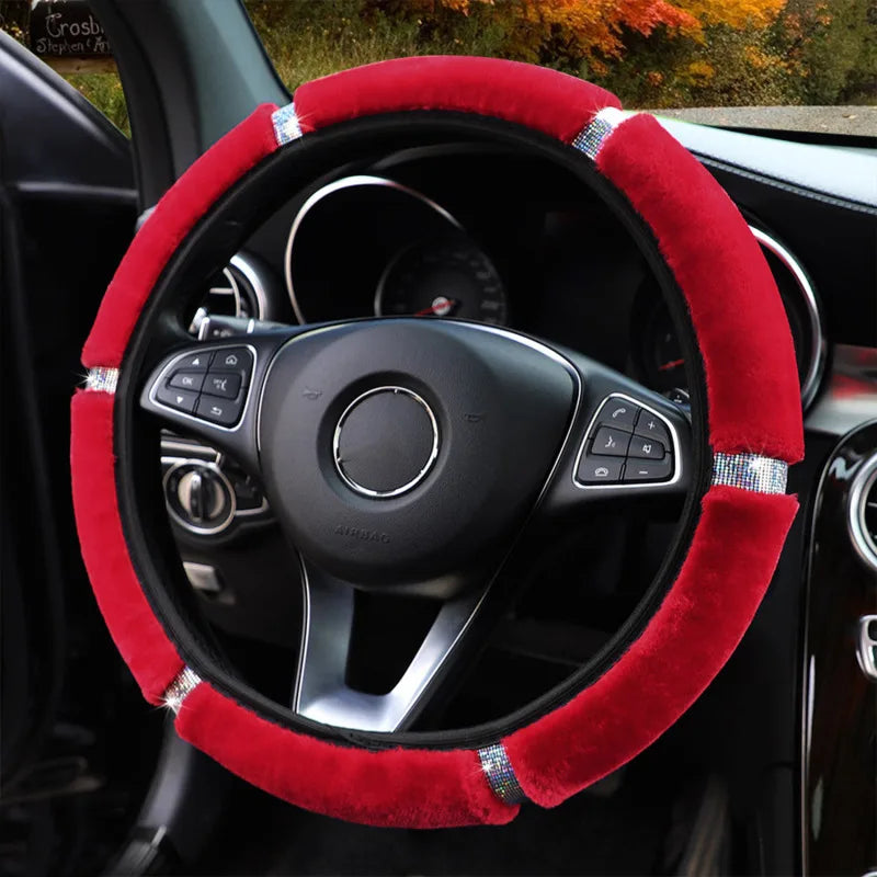 Universal 33cm Soft Plush Rhinestone Car Steering Wheel Cover Interior Parts Accessories Steering-Cover Protector Decoration