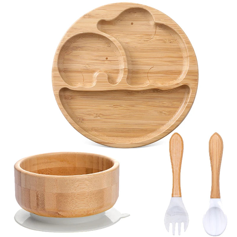 4pcs Bamboo Plate Sets Customized Baby Feeding Bowl Car Cloud Shaped Plate Spoon Fork Tableware Suction Plate Bowl Feeding Set