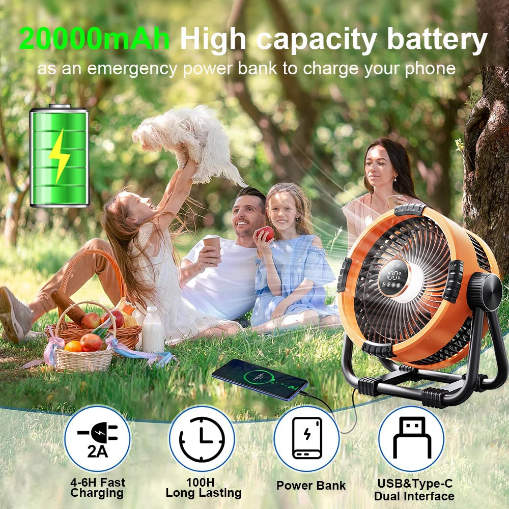 Camping Fan 20000mAh USB Rechargeable Portable Camping Fan with Multifunctional Night Light and intelligent Remote Control