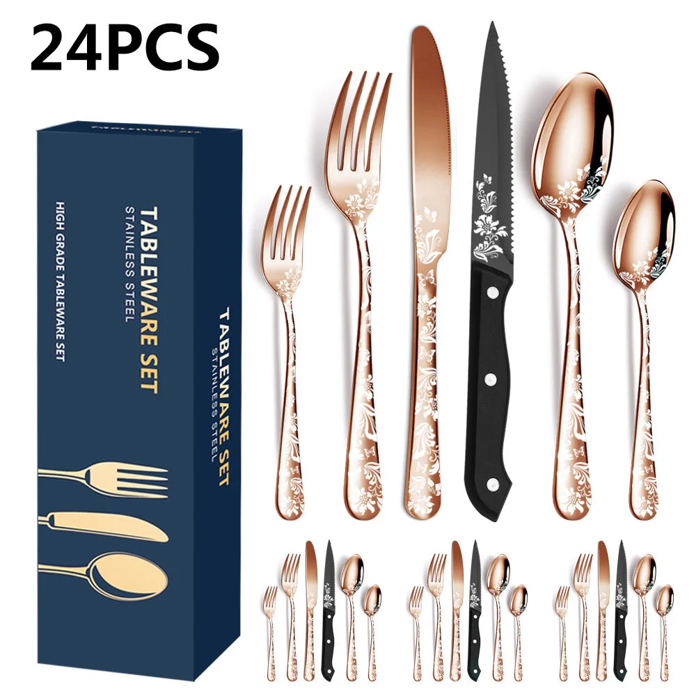 24-Piece Silverware Set with Steak Knives for 4, Unique Stainless Steel Flatware Cutlery Set, Include Fork Spoon Knife Set