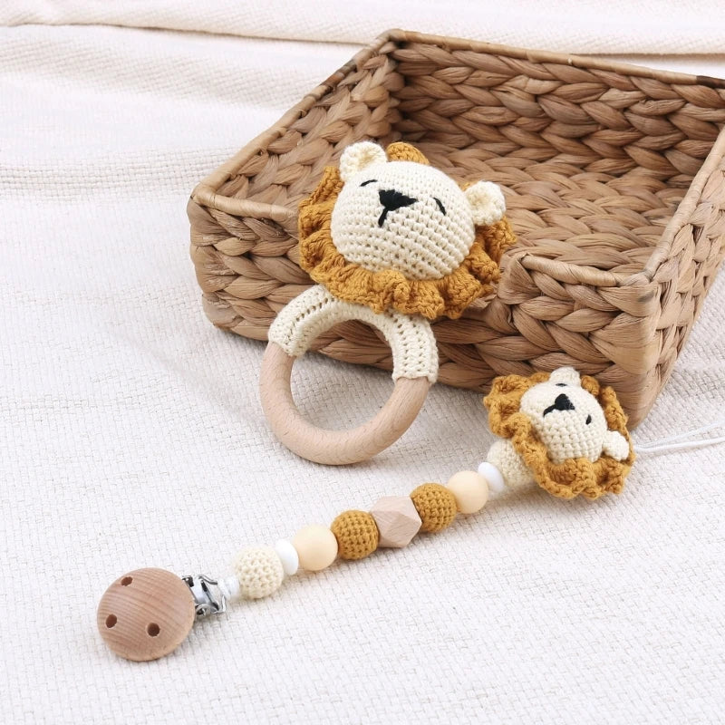 Woolen Yarn Baby Pacifier Chain Crochet-Lion Animal Teething Rings for Newborn G99C