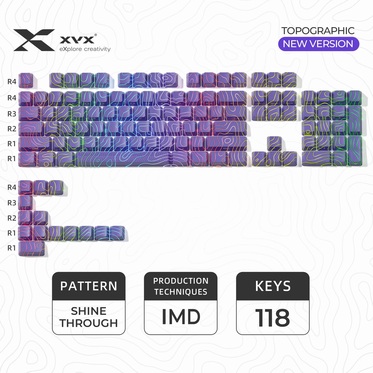 XVX Topographic New Version Pattern Shine-Through OEM Profile IMD-Tech Keycap Set 118 keys