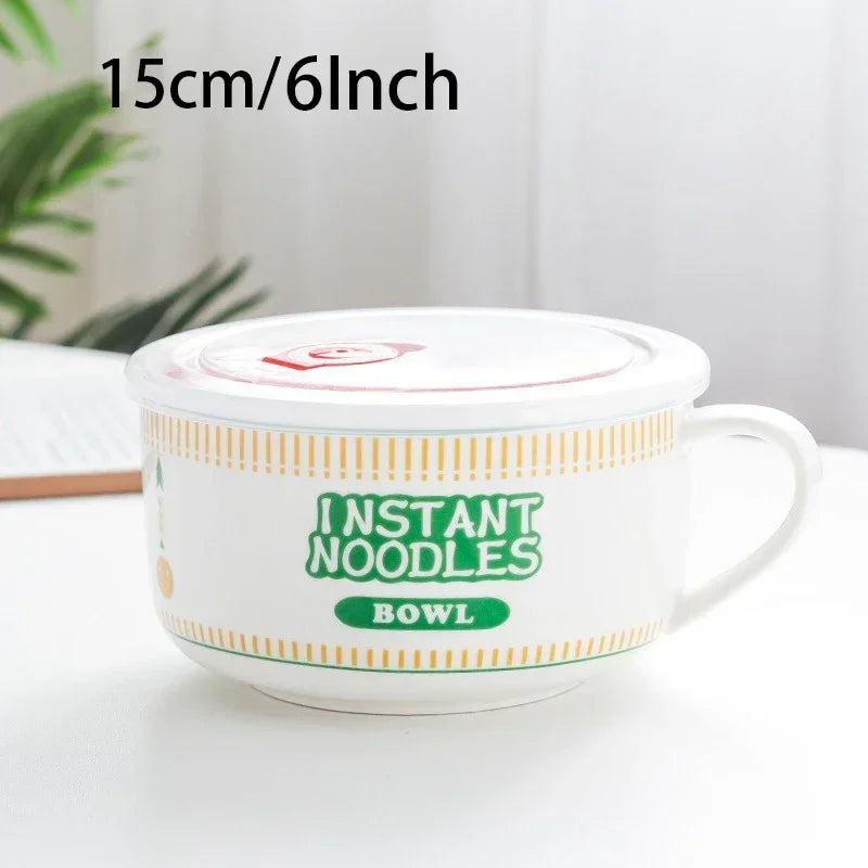 800/1100ml Ramen Bowl Korean Style Ceramic Instant Noodle Bowl Student Dormitory Fruit Salad Noodles in Soup Leakproof Bowl