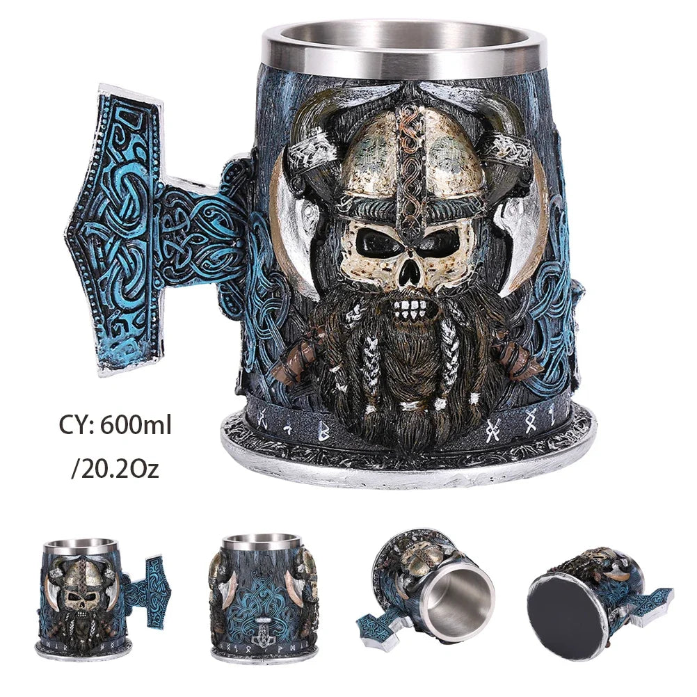 Coolest Gothic Skull Resin Stainless Steel Beer Mug Dragon Knight Tankard Halloween Coffee Cup Christmas Tea Mug Pub Bar Decor