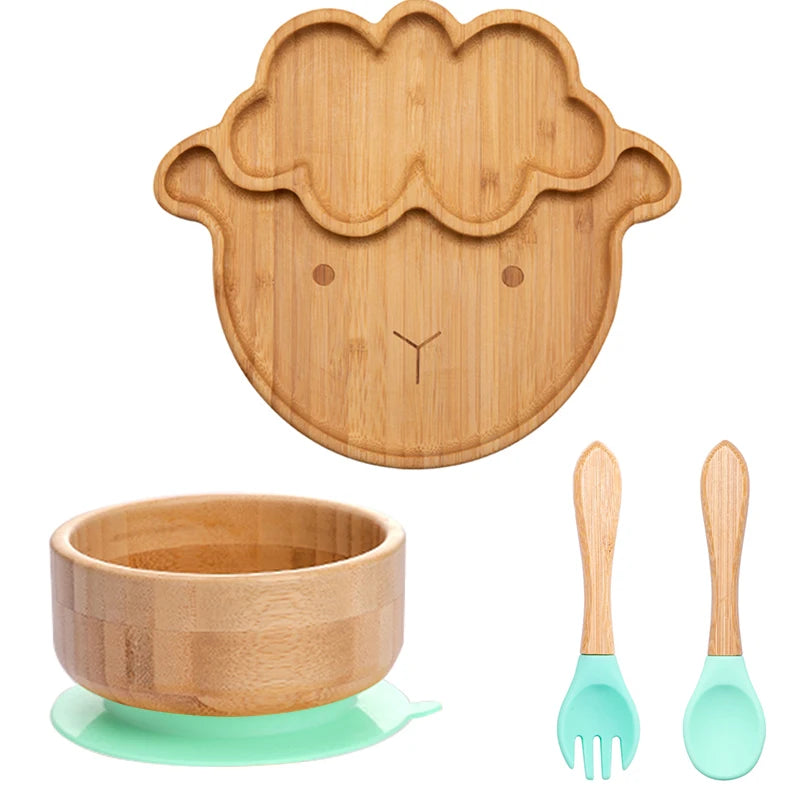 4pcs Bamboo Plate Sets Customized Baby Feeding Bowl Car Cloud Shaped Plate Spoon Fork Tableware Suction Plate Bowl Feeding Set