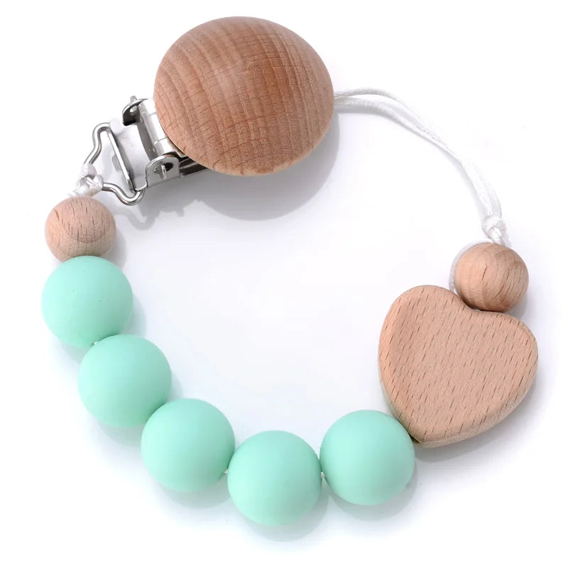 Baby Beech Pacifier Clips Heart Wood Silicone Pacifier Chain Baby Pacifier Clip Pendant Dummy Nipple Holder Anti-drop Accessory