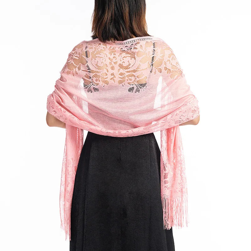 Korean Hollow Flower Long Tassel Party Cloak Sunscreen Shawl Women Sun Clothing Summer Thin Beach Towel Lace Evening Dress Scarf