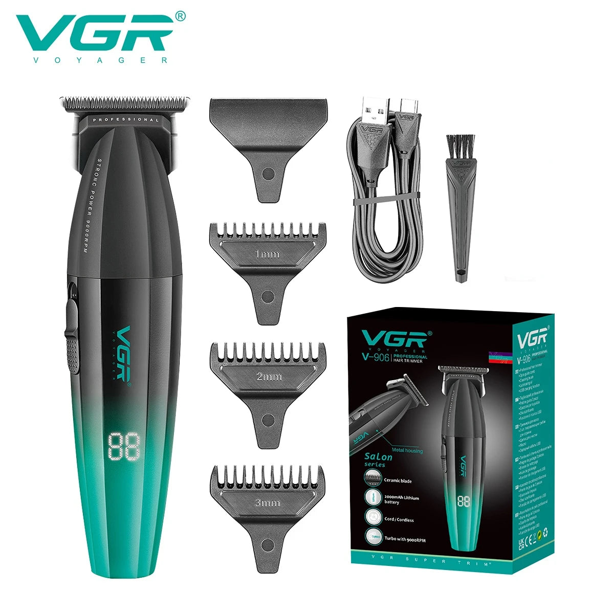 VGR Hair Clipper Electric Metal Hair Cutting Machine LED 9000 RPM Rechargeable Professional Trimmer Hair Clippers for Men V-906