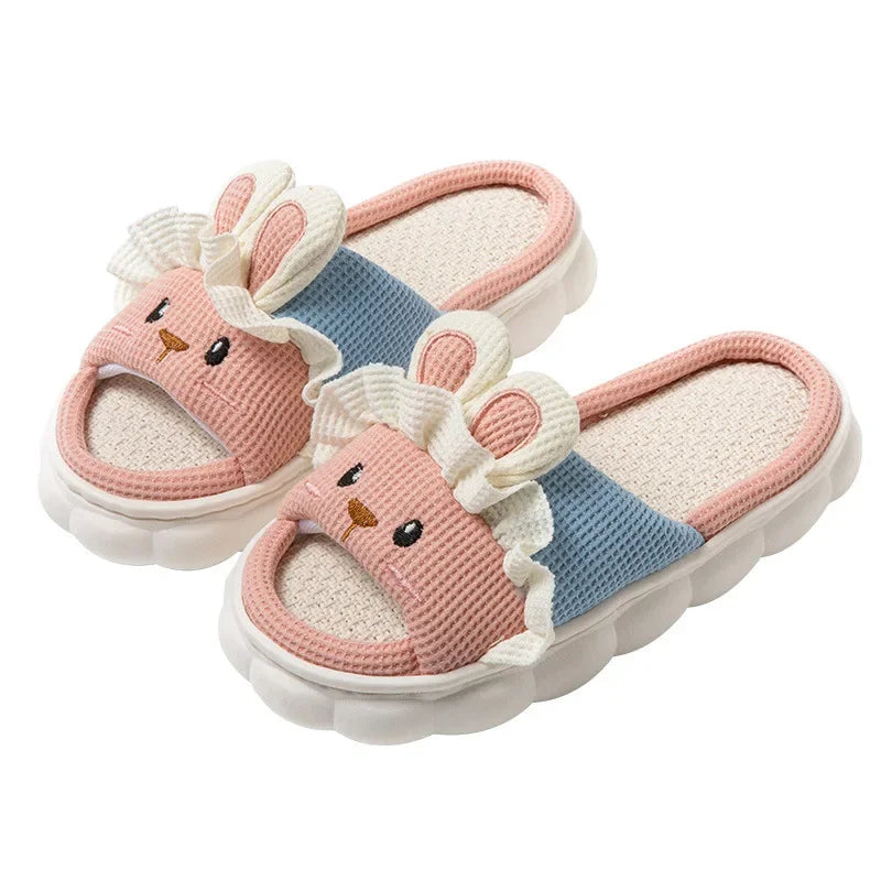 Cute Rabbit Slippers For Womens Autumn Cartoon Flip Flops Lady Cotton Linen House Shoes Slides Four Season Casual Home Slippers