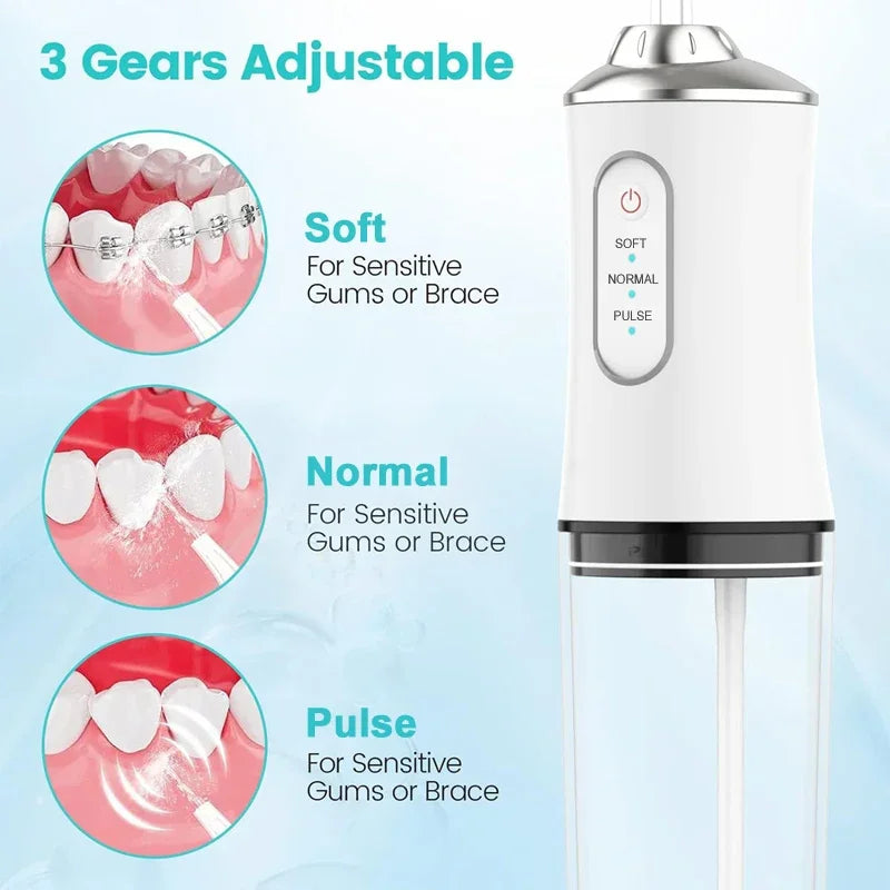 Oral Irrigator Portable Dental Water Flosser USB Rechargeable Water Jet Floss Tooth Pick 4 Jet Tip 220ml 3 Modes IPX7 1400rpm