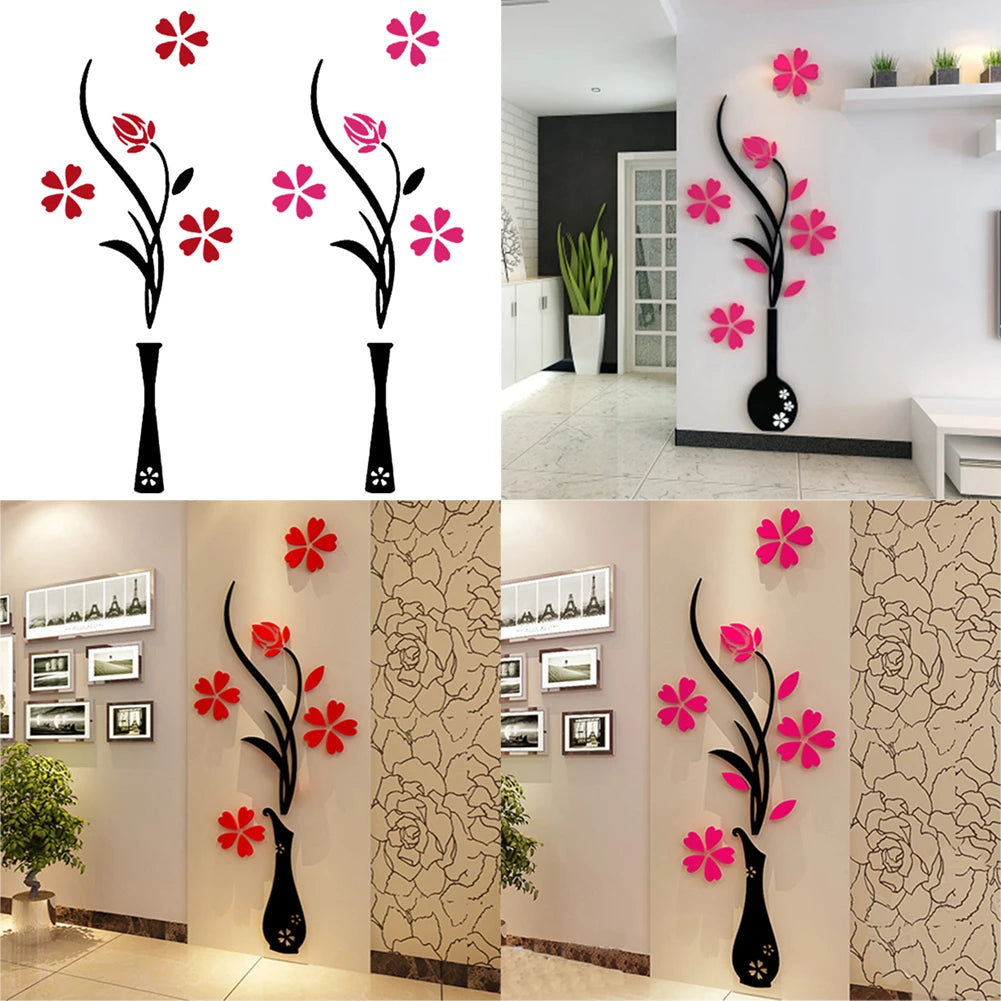 DIY Vase Flower  Self-Adhesive Wallpaper Tree Crystal Arcylic 3D Wall Sticker Decal Children's Room Home Decor