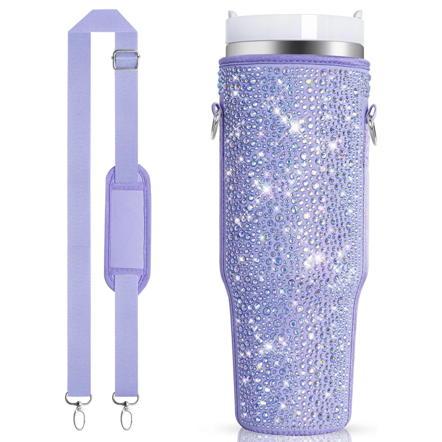 1 water bottle bag with sparkling diamond, suitable for Stanley 40oz water bottle holder bag with handle and adjustable strap