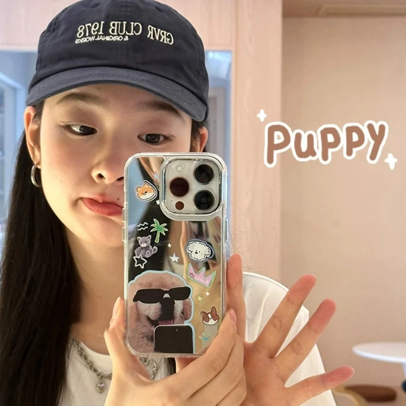 Korean Funny Sunglasses Puppy Makeup Mirror Phone Case For iPhone 16 15 14 Rro Max 13 12 11 Cute Cat Animal Y2K Shockproof Funda