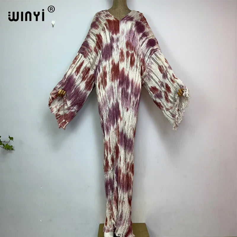 WINYI fashion print summer V-neck Knitted hollow sexy long dress Elegant party Evening dress Women Beachwear long sleeve dress