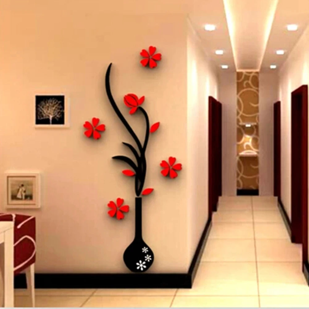 DIY Vase Flower  Self-Adhesive Wallpaper Tree Crystal Arcylic 3D Wall Sticker Decal Children's Room Home Decor