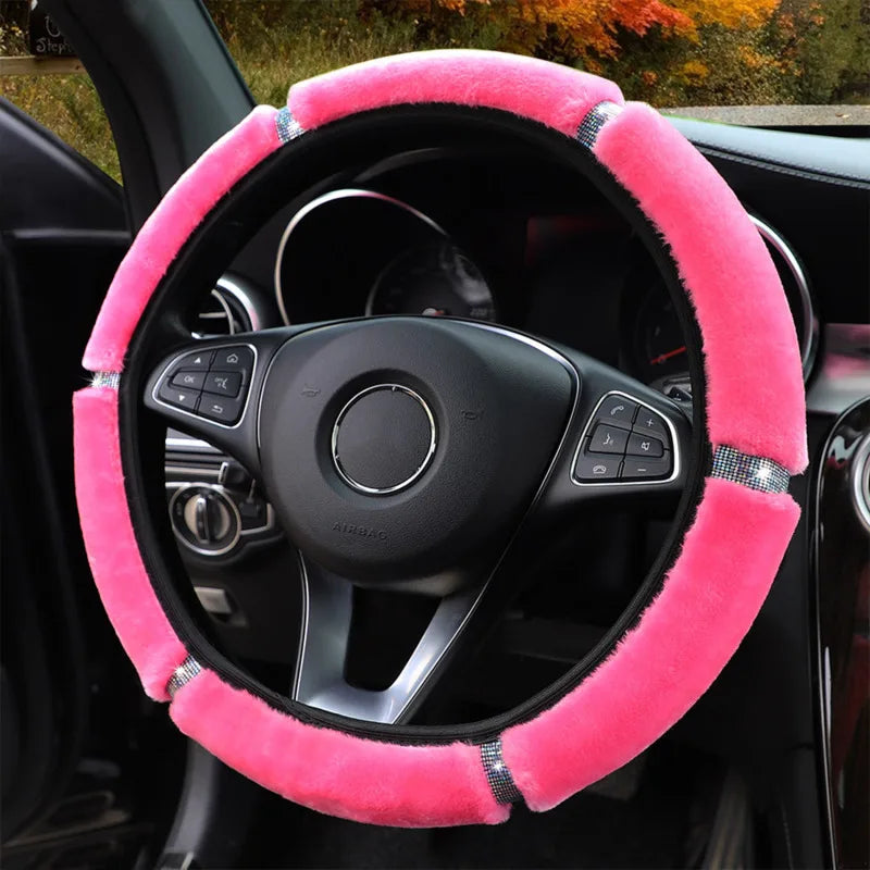 Universal 33cm Soft Plush Rhinestone Car Steering Wheel Cover Interior Parts Accessories Steering-Cover Protector Decoration