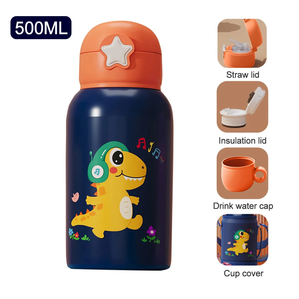 500ML Cartoon Kids Water Bottle With Strap Children Thermal Bottle Stainless Steel Vacuum Flacks Thermos Mug For School Kid Gift