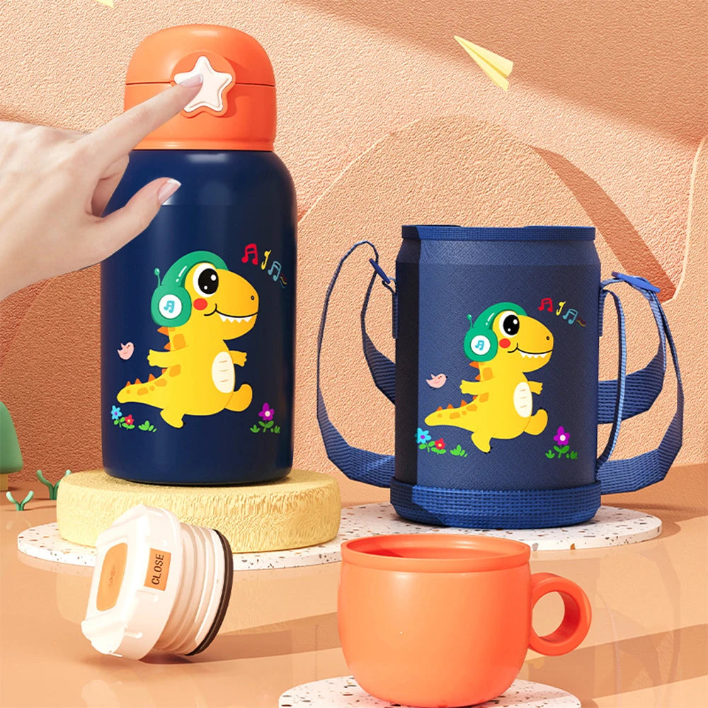 500ML Cartoon Kids Water Bottle With Strap Children Thermal Bottle Stainless Steel Vacuum Flacks Thermos Mug For School Kid Gift