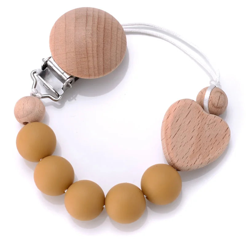 Baby Beech Pacifier Clips Heart Wood Silicone Pacifier Chain Baby Pacifier Clip Pendant Dummy Nipple Holder Anti-drop Accessory