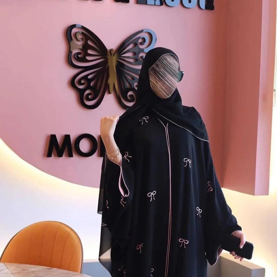 Eid Muslim Women Party Dresses Jalabiya Bow Embroidery Ramadan Morocco Vestidos Dubai Open Abayas Kaftan Islam Cardigan Robe