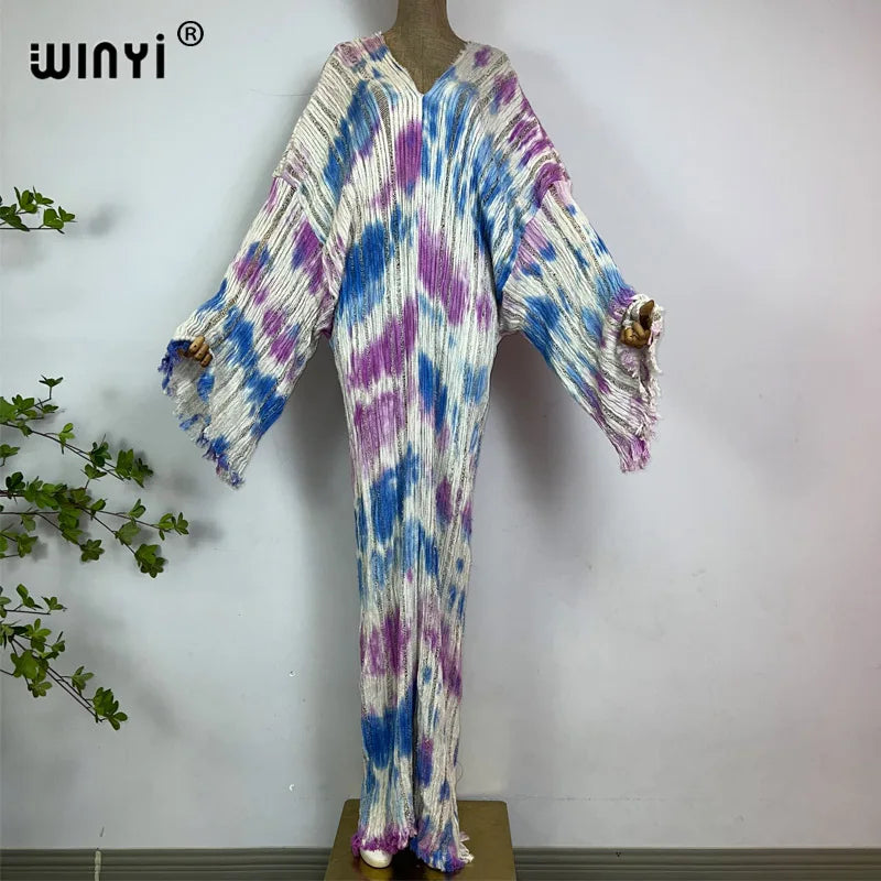 WINYI fashion print summer V-neck Knitted hollow sexy long dress Elegant party Evening dress Women Beachwear long sleeve dress