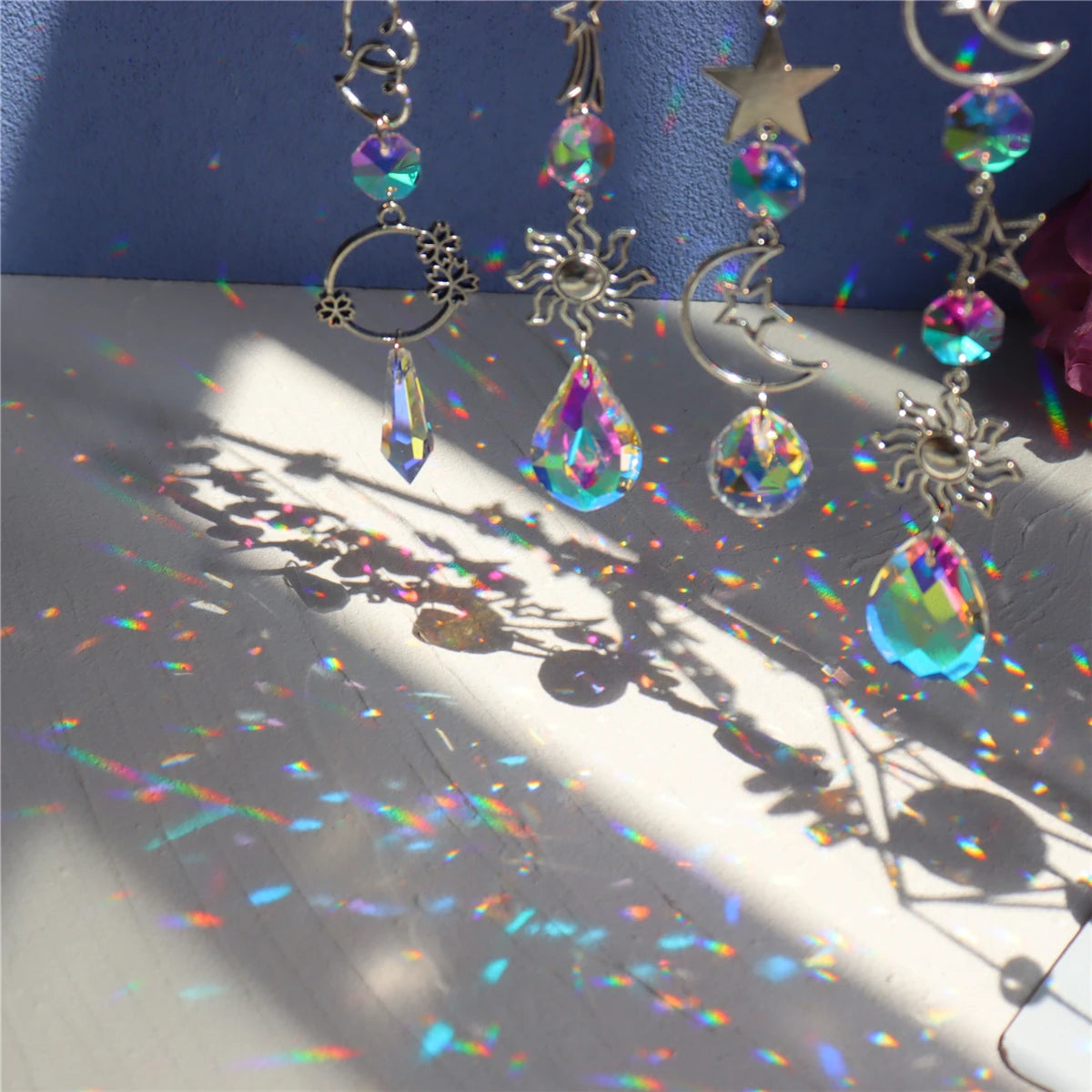 Moon And Sun Suncatcher Crystal Rainbow Catcher Garden Decoration Stained Glass Rainbow Maker Silver Prism Window Pendant