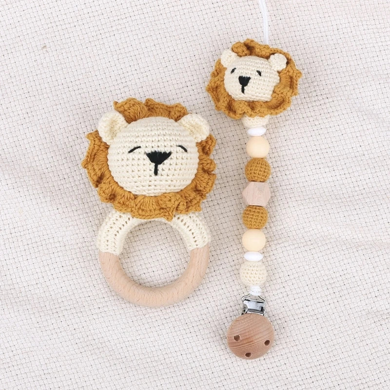 Woolen Yarn Baby Pacifier Chain Crochet-Lion Animal Teething Rings for Newborn G99C