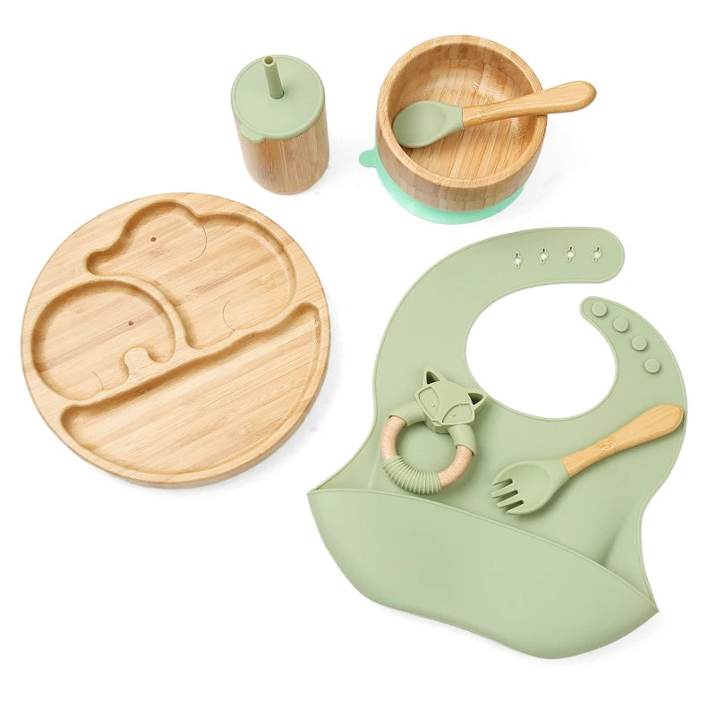 Baby Tableware Set Kids Feeding Bowls Dinner Plate Drink Cup Fork Spoon Set Newborn Silicone Bib Children Feeding Item BPA Free