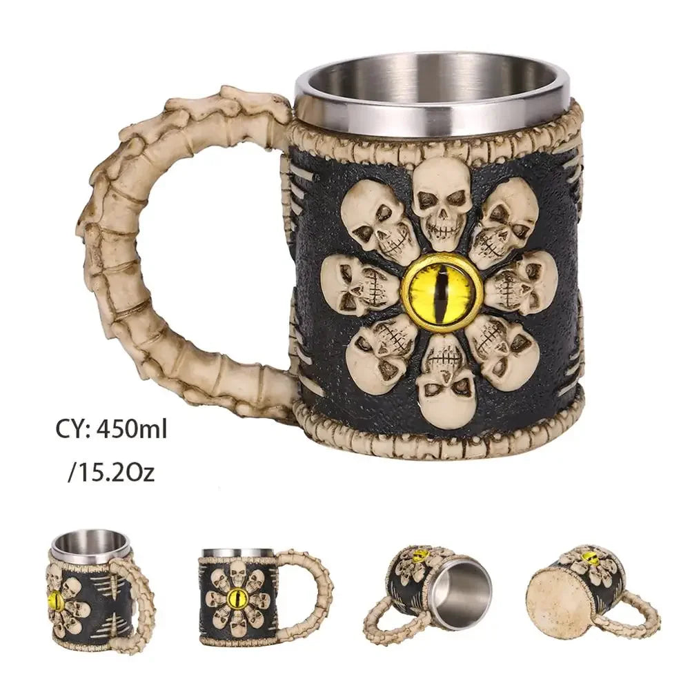 Coolest Gothic Skull Resin Stainless Steel Beer Mug Dragon Knight Tankard Halloween Coffee Cup Christmas Tea Mug Pub Bar Decor