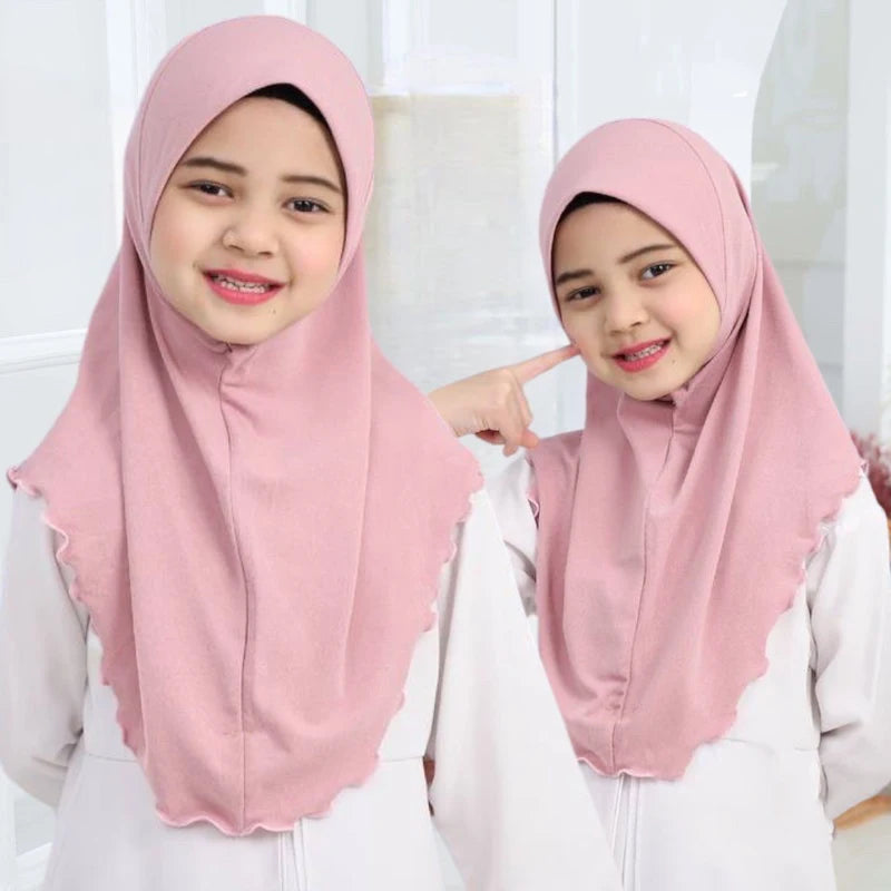 H120a big girls plain hijab hats muslim scarf islamic headscarf hat amira pull on headwrap beautiful 10 years girl scarf