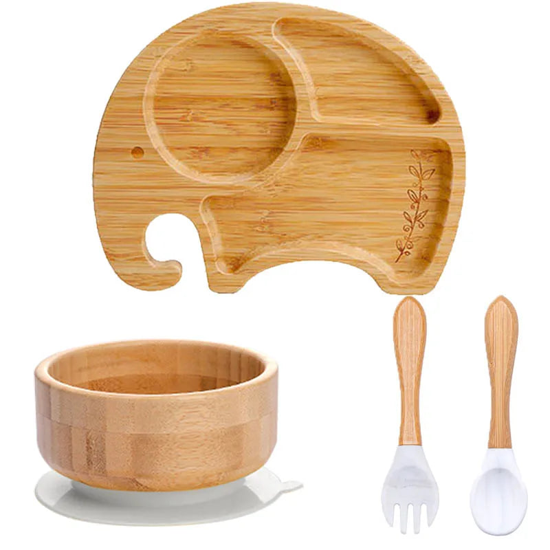 4pcs Bamboo Plate Sets Customized Baby Feeding Bowl Car Cloud Shaped Plate Spoon Fork Tableware Suction Plate Bowl Feeding Set