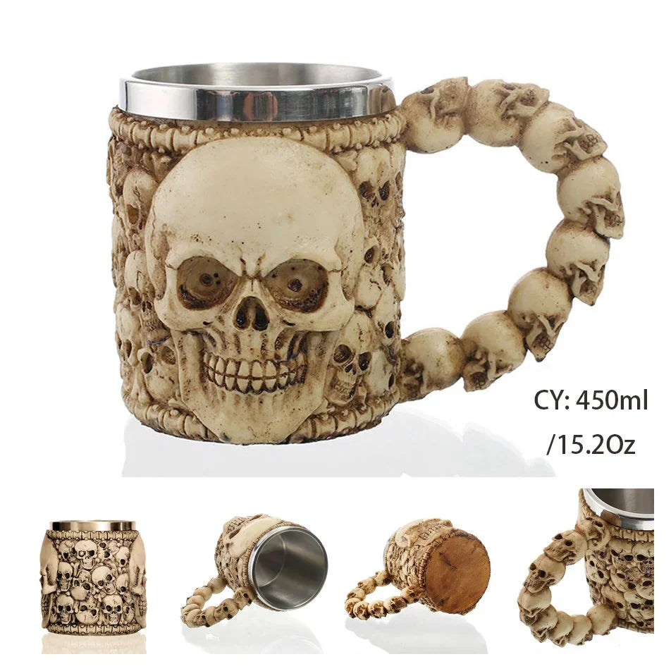 Coolest Gothic Skull Resin Stainless Steel Beer Mug Dragon Knight Tankard Halloween Coffee Cup Christmas Tea Mug Pub Bar Decor