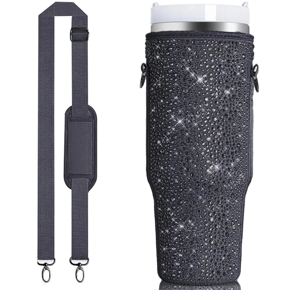 1 water bottle bag with sparkling diamond, suitable for Stanley 40oz water bottle holder bag with handle and adjustable strap