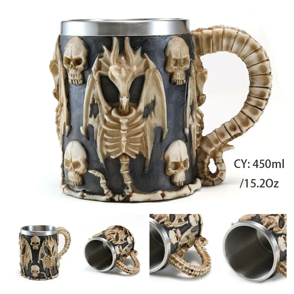 Coolest Gothic Skull Resin Stainless Steel Beer Mug Dragon Knight Tankard Halloween Coffee Cup Christmas Tea Mug Pub Bar Decor