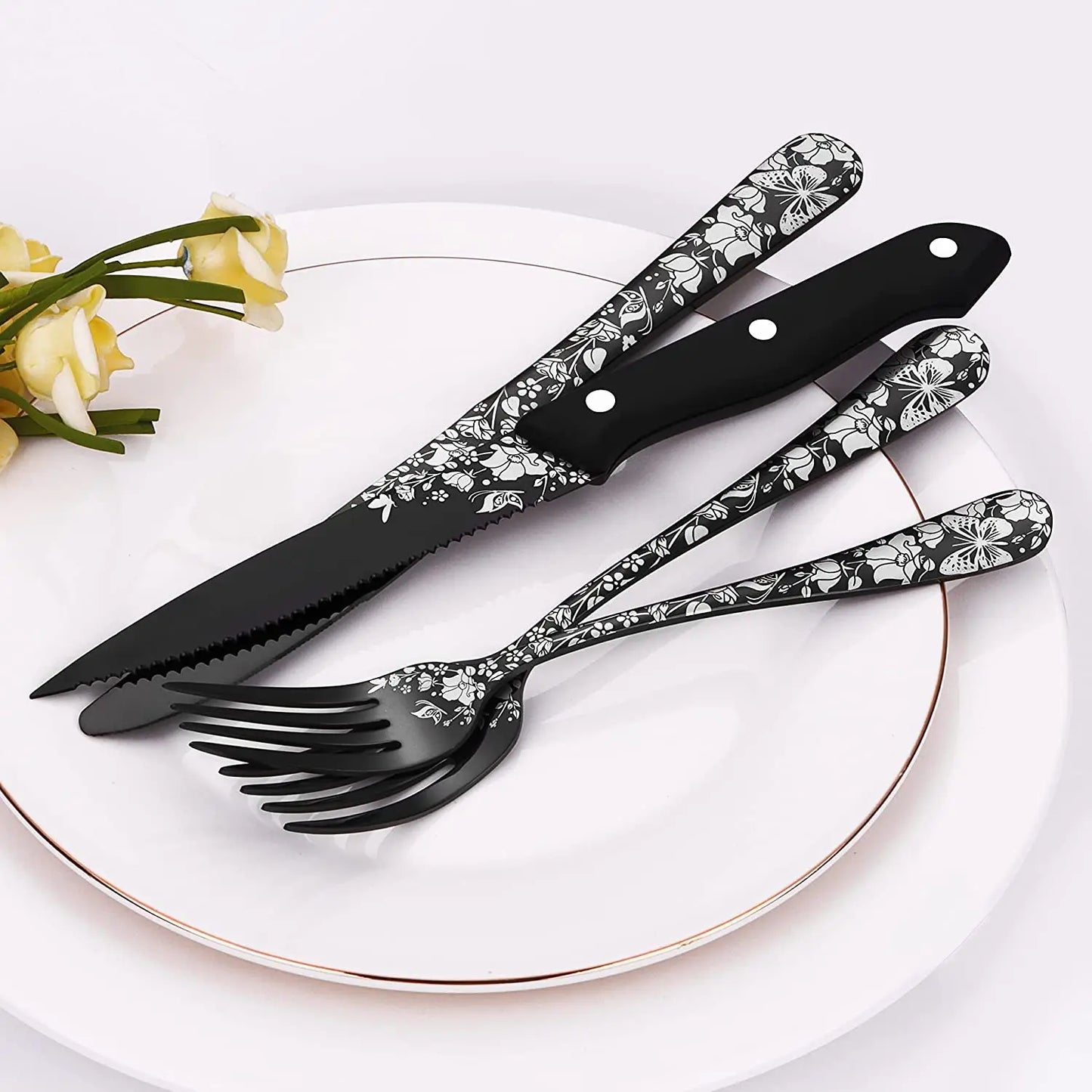 24-Piece Silverware Set with Steak Knives for 4, Unique Stainless Steel Flatware Cutlery Set, Include Fork Spoon Knife Set