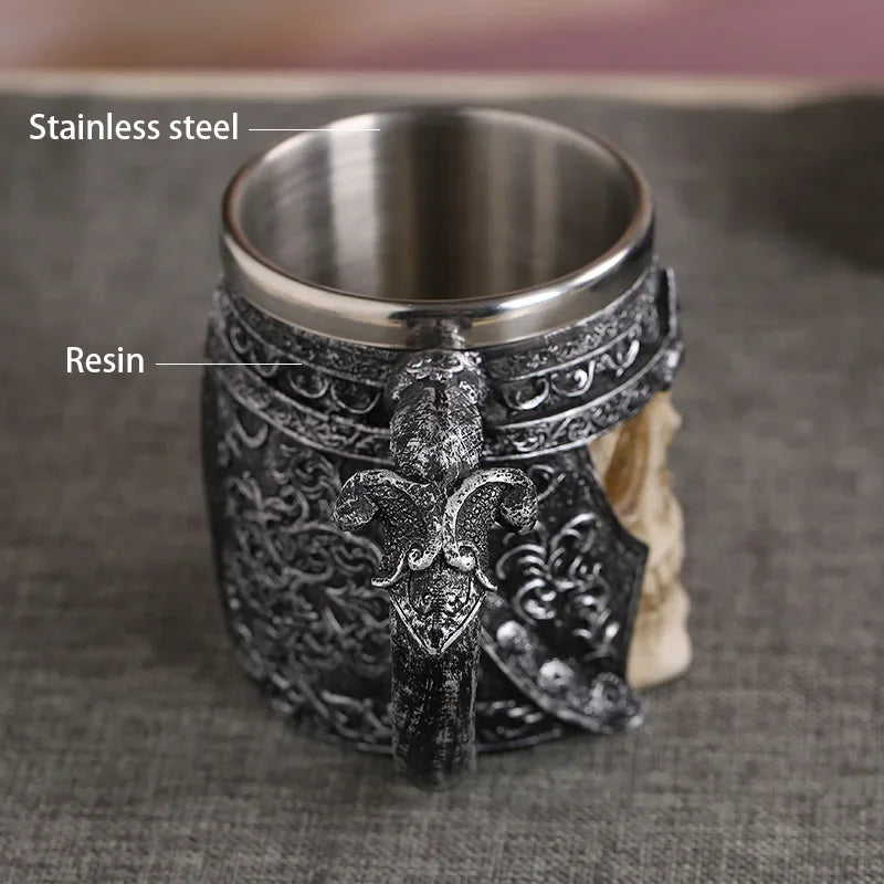 Coolest Gothic Skull Resin Stainless Steel Beer Mug Dragon Knight Tankard Halloween Coffee Cup Christmas Tea Mug Pub Bar Decor