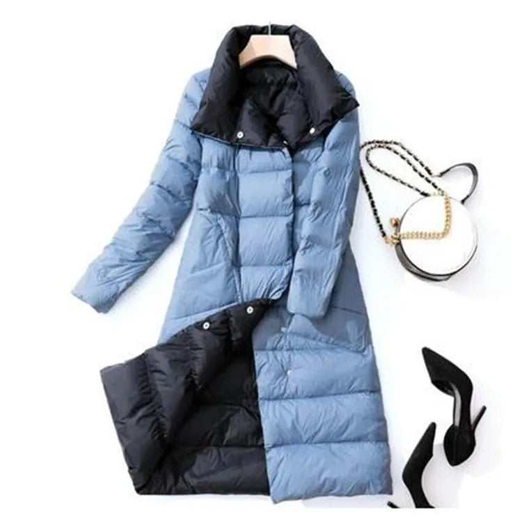 Lightweight down jacket Women's white duck down 2022 winter new mid length double sided knee length slim fitting jacket