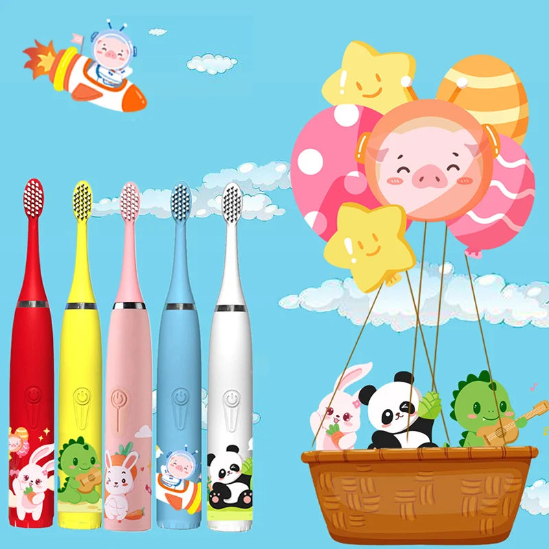 Children's Sonic Electric Toothbrush Colorful Cartoon Kids IPX7 Waterproof Ultrasonic Rechargeable Soft Hair Cleaning Brush