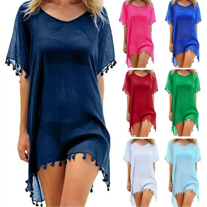 Women Swimsuit Baggy Tunic Tops Bikini Cover-Ups Dress Swim Summer Beach Bathing T-Shirt Women Cotton Blouse Beachwear