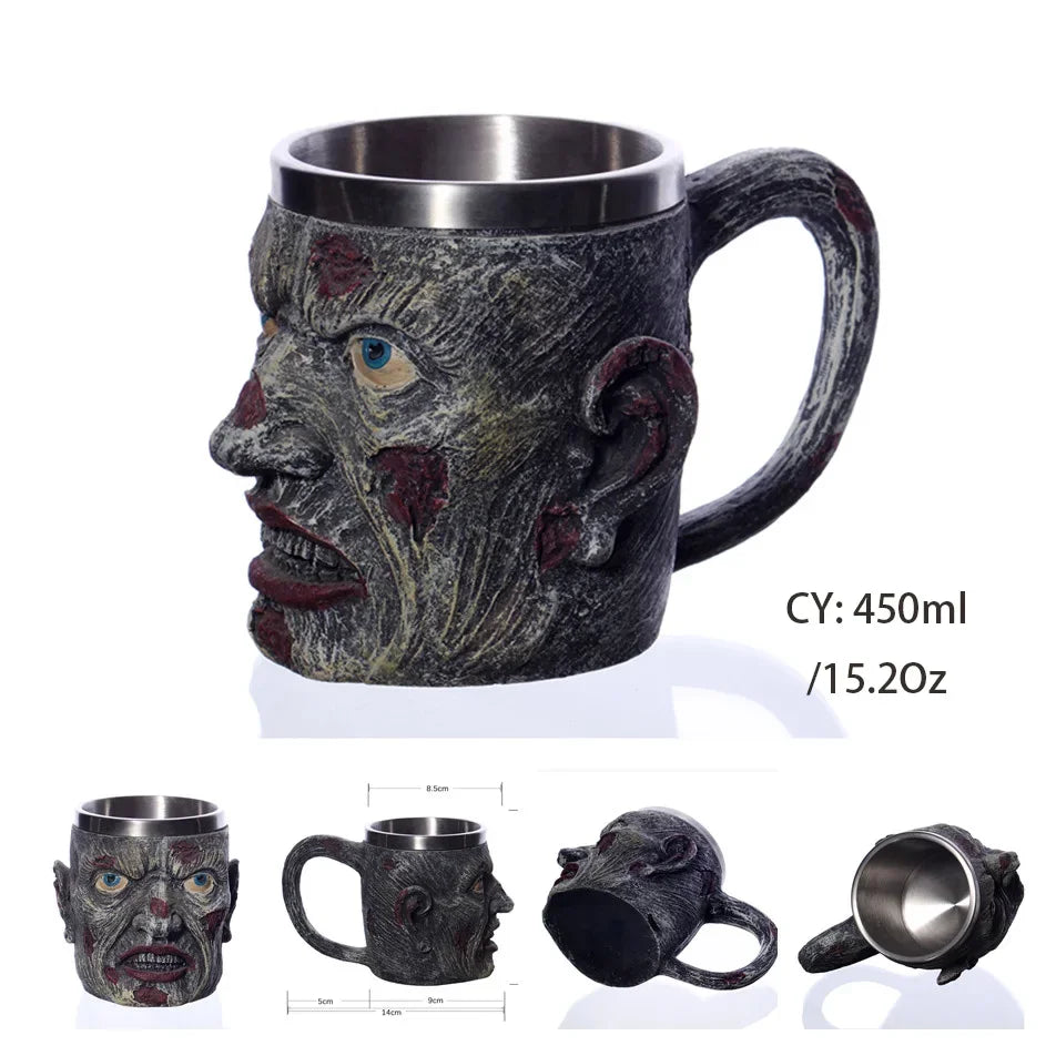 Coolest Gothic Skull Resin Stainless Steel Beer Mug Dragon Knight Tankard Halloween Coffee Cup Christmas Tea Mug Pub Bar Decor