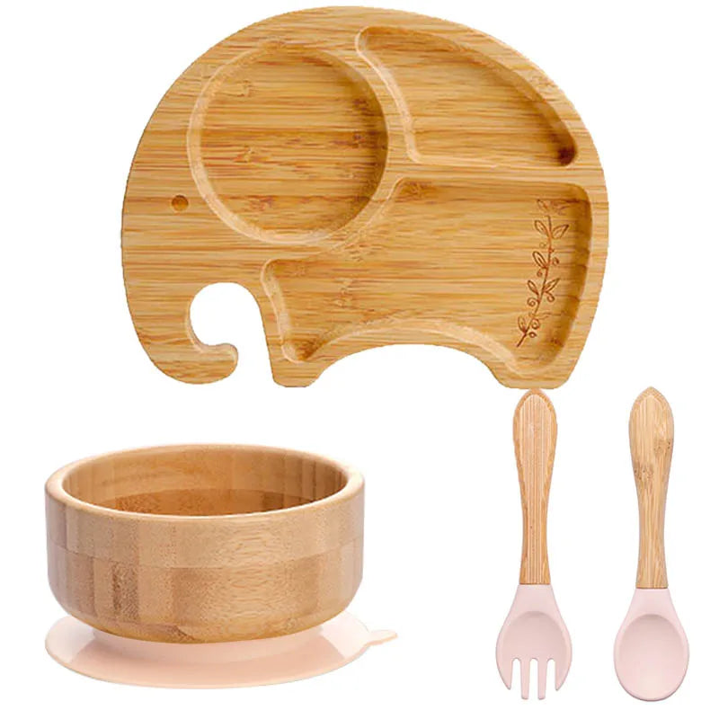 4pcs Bamboo Plate Sets Customized Baby Feeding Bowl Car Cloud Shaped Plate Spoon Fork Tableware Suction Plate Bowl Feeding Set