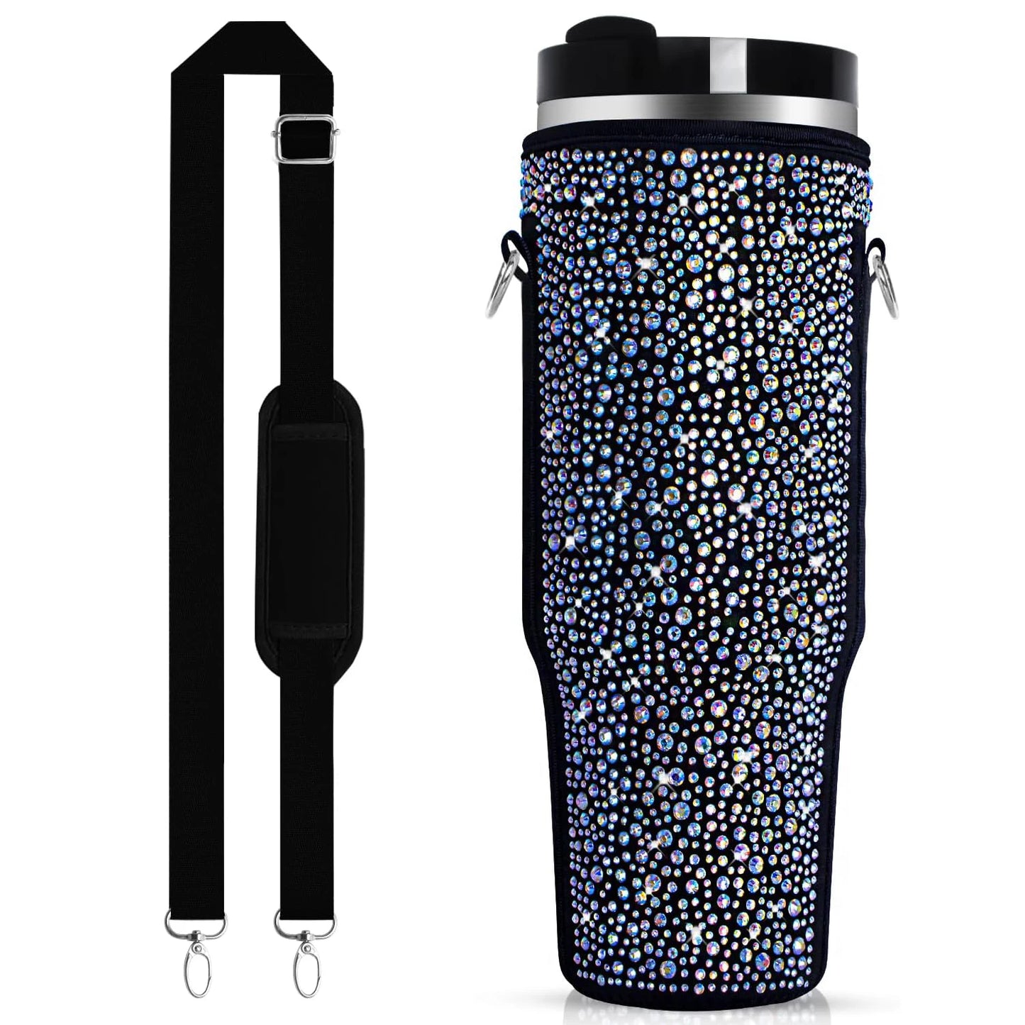 1 water bottle bag with sparkling diamond, suitable for Stanley 40oz water bottle holder bag with handle and adjustable strap