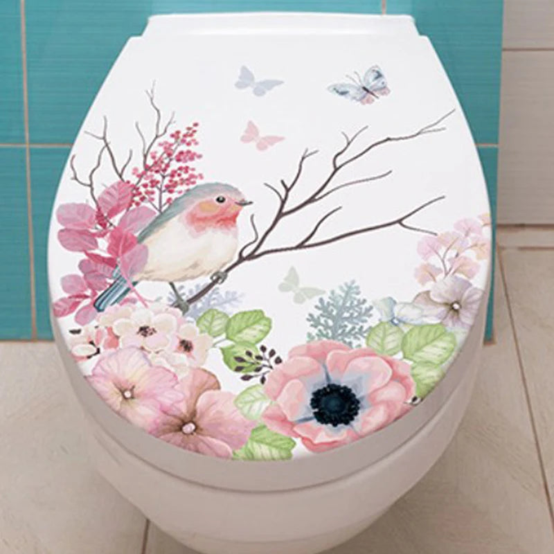 Flower Grass Bird Toilet Sticker Self Adhesive Paintings Removable Bathroom Decal Decorative Room Decor Windows Stickers