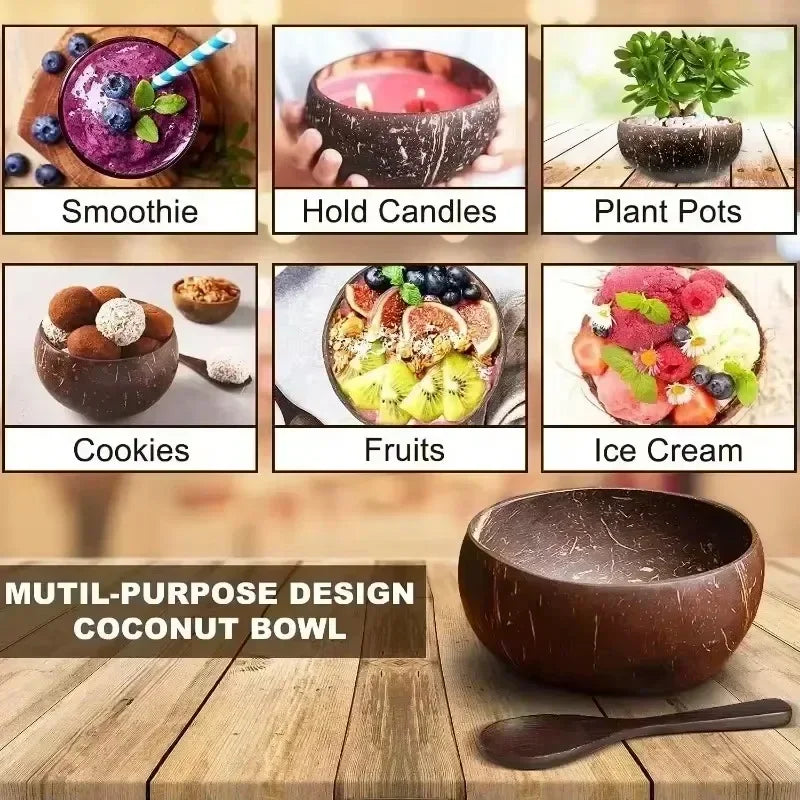 New Coconut Bowls and Wooden Spoon Sets Reusable Natural Coconut Shell Bowls for Dessert Yogurt Fruit Salad Kitchen Tableware