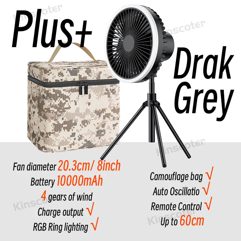 10000mAh Camping Fan Rechargeable Desktop Portable Circulator Wireless Ceiling Electric Fan with Power Bank LED Lighting Tripod