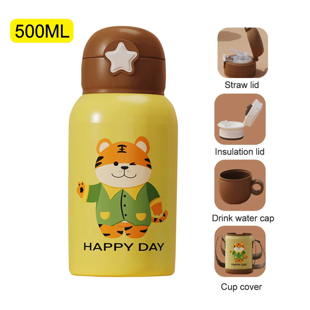 500ML Cartoon Kids Water Bottle With Strap Children Thermal Bottle Stainless Steel Vacuum Flacks Thermos Mug For School Kid Gift